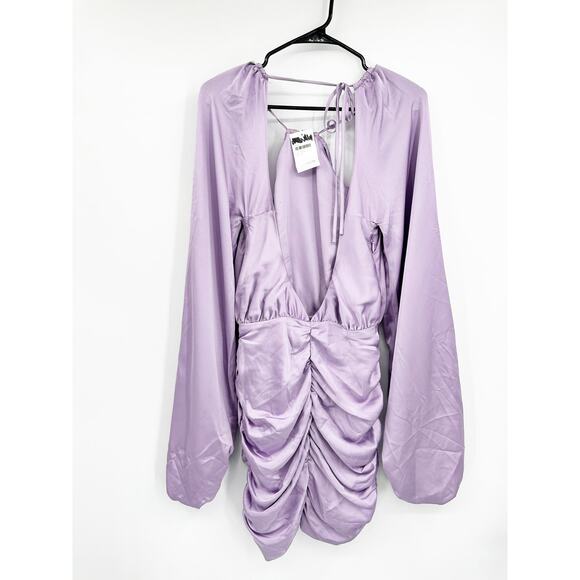 House of CB Orchid KATE Satin Wrap Front Long Sleeve Party Mini Dress Medium NWT - Picture 4 of 7